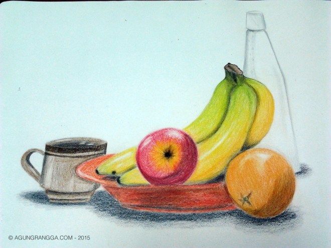 tugas menggambar "still-life", semua mahasiswa bawa buah-buahan ke kelas~