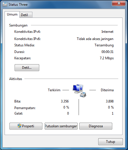 jendela status koneksi internet