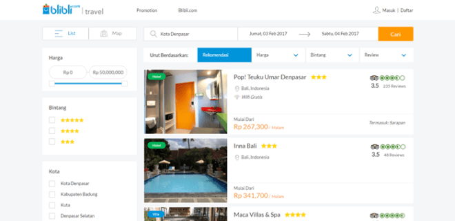 daftar pencarian hotel di Blibli Hotel