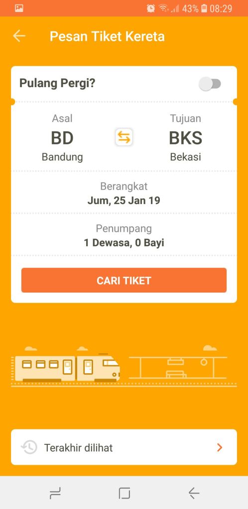 2 - Cari tiket dengan mengisi stasiun asal dan stasiun tujuan, waktu berangkat, dan jumlah penumpang